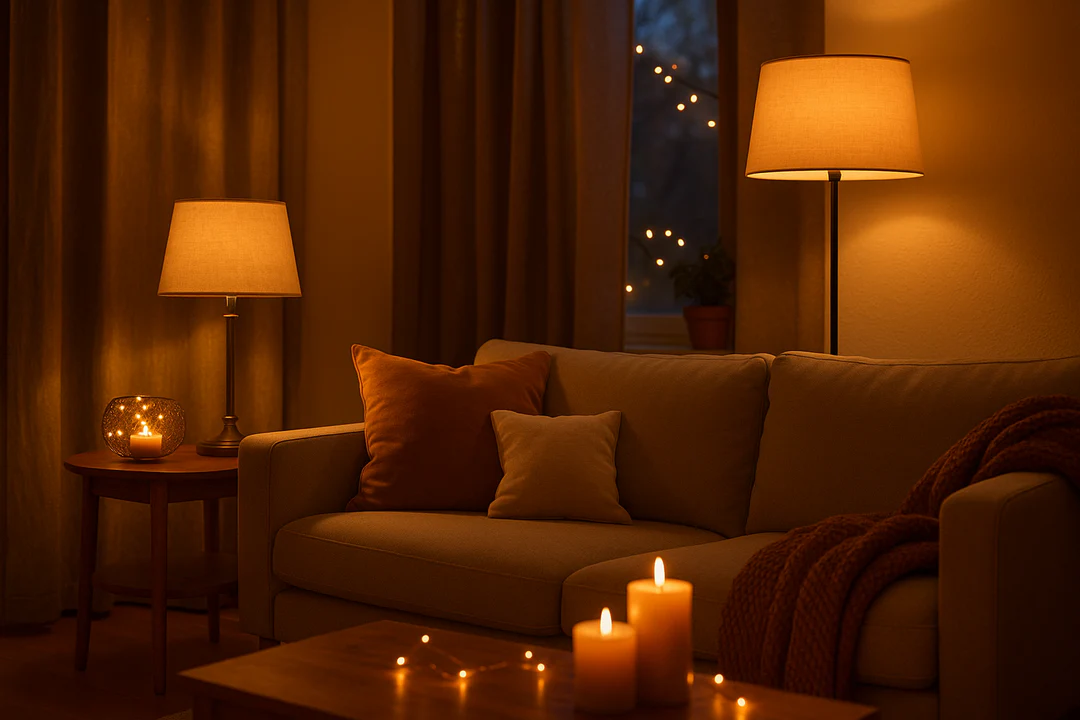 Cozy living room lit by a warm lamp in the evening